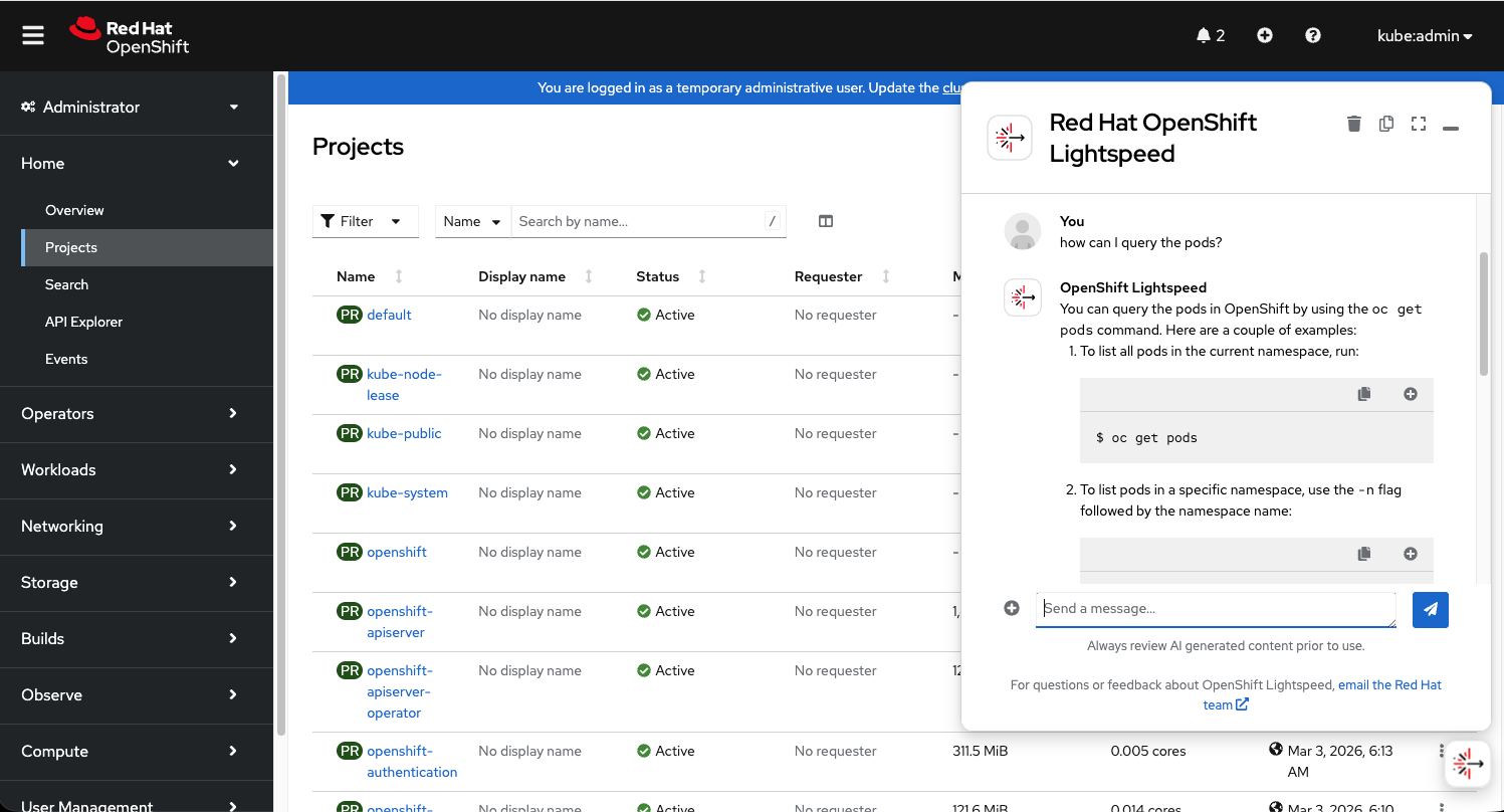Using OpenShift Lightspeed